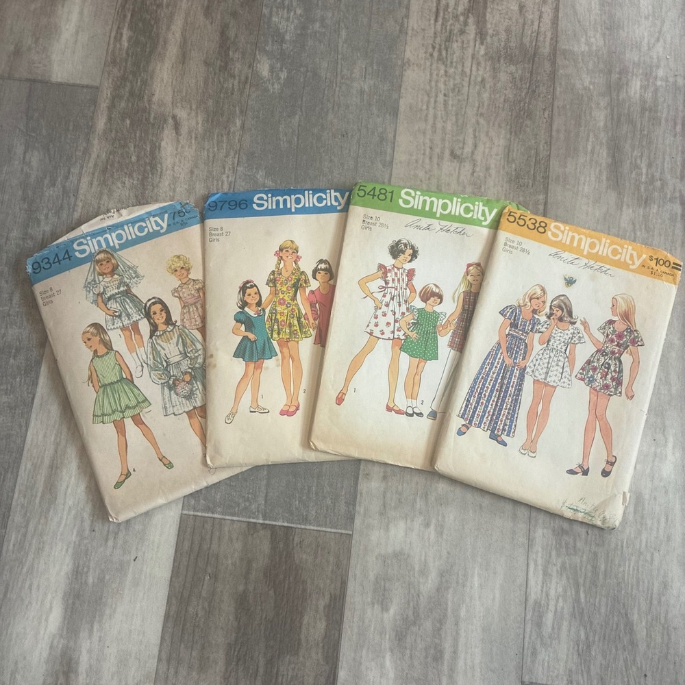 Vintage Lot Simplicity Sewing Patterns Girls 8-10 Dresses 1960s 1970s Retro